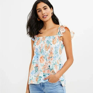 LOFT Garden Smocked Peplum Shell, Color White/Floral Size XS